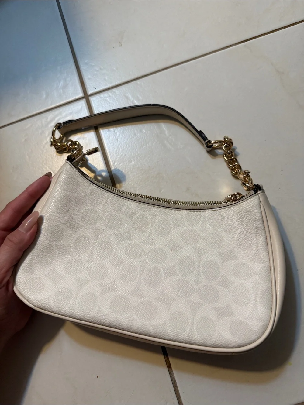 Coach Cream Signature Mini Shoulder Bag with Gold Hardware